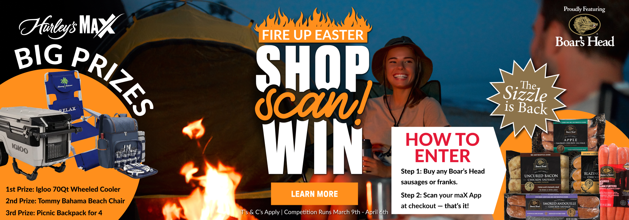 Hurley’s Market Grand Cayman Easter promotion – buy Boar’s Head sausages, scan the maX app at checkout, and enter to win outdoor prizes.